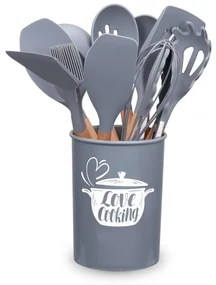 Set ustensile bucatarie Love cooking by Krasino, gri, silicon, lemn, metal, 12 piese