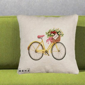 Perna Decorativa Bicicleta Galbena cu Cos de Flori Primavara, 40x40 cm, Bej Canapea, Husa Detasabila, Perna Inclusa, BEKZ®