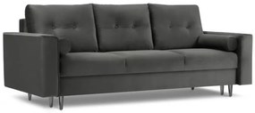 Canapea extensibila 3 locuri Leona cu tapiterie din catifea si picioare din metal negru, gri inchis