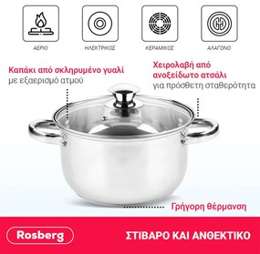 Oala Rosberg R51210O26, 6.3 L, 26x14.5 cm, Capac din sticla, Inox