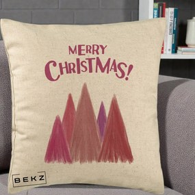 Perna Decorativa Merry Christmas Brazi Roz, 40x40 cm, Bej, Husa Detasabila, Perna Inclusa, BEKZ®