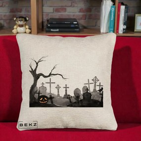 Perna Decorativa Halloween Cimitir Acuarela cu Dovleac, 40x40 cm, Bej Canapea, Husa Detasabila, Perna Inclusa, BEKZ®