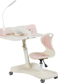 SmartStudy ErgoPro Kids – Set Birou și Scaun Ergonomic pentru Copii, Reglabile pe înălțime, cu Lampă LED Integrată, Suport Reglabil pentru Carte și Tabletă, Spătar Rabatabil, Roți Inteligente Gravity Lock, Roz