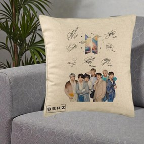 Perna Personalizata K-pop BTS Autografe Toti Membrii Fotografie, 40x40 cm, Bej, Husa Detasabila, Perna Inclusa, BEKZ®