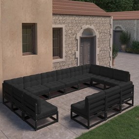 3077248 vidaXL Set mobilier grădină cu perne, 13 piese, negru, lemn masiv pin
