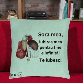 Cadou pentru Sora - Perna Personalizata Sora Mea Te Iubesc Doua Fete Iarna Acuarela, 40x40 cm, Verde Menta, Husa Detasabila, Perna Inclusa, BEKZ®
