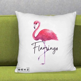 Perna Decorativa Flamingo Acuarela, 40x40 cm, Alb Pufos, Husa Detasabila, Perna Inclusa, BEKZ®