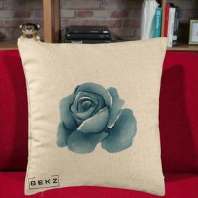 Perna Decorativa Trandafir Albastru Acuarela, 40x40 cm, Bej, Husa Detasabila, Perna Inclusa, BEKZ®