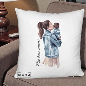 Cadou pentru Mama - Perna Personalizata The Best Mom Jachete, 40x40 cm, Alb Pufos, Husa Detasabila, Perna Inclusa, BEKZ®