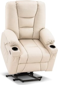RESIGILAT- Fotoliu Electric Power Lift&Recliner, ridicare și rabatare, masaj și incalzire, porturi USB, suporturi pentru pahare, buzunare laterale, telecomenzi, PU, Crem