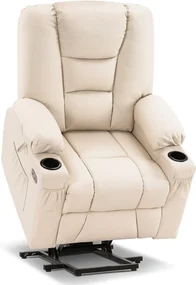 RESIGILAT- Fotoliu Electric Power Lift&Recliner, ridicare și rabatare, masaj și incalzire, porturi USB, suporturi pentru pahare, buzunare laterale, telecomenzi, PU, Crem