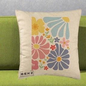 Perna Decorativa Flori Grafice Pastel Multicolor, 40x40 cm, Bej, Husa Detasabila, Perna Inclusa, BEKZ®