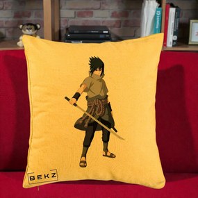 Perna Personalizata Naruto Sasuke Uchiha cu Sabia, 40x40 cm, Galben, Husa Detasabila, Perna Inclusa, BEKZ®