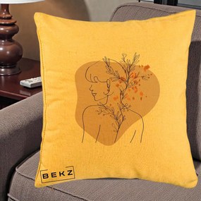 Perna Decorativa Femeie cu Flori Line Art Boho, 40x40 cm, Galben, Husa Detasabila, Perna Inclusa, BEKZ®