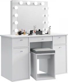 Masuta machiaj cu Oglinda LED si 3 Sertare pentru Cosmetice, Set Masa toaleta 120 cm, Alb, masuta cosmetica, vanity - SEA537