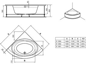 Cada baie pe colt Ideal Standard Connect Air, asimetrica, 130x130 cm