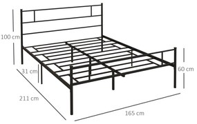 HOMCOM Pat Matrimonial din Oțel 160x200cm, Sipci Integrate, Tetieră, Suport 400kg, Stil Industrial, Negru | Aosom Romania