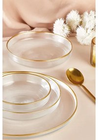 Set de masă, 18 piese, din sticlă transparentă cu detalii aurii