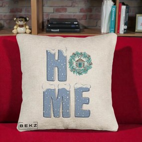 Perna Decorativa HOME Iarna cu Coroana, 40x40 cm, Bej Canapea, Husa Detasabila, Perna Inclusa, BEKZ®