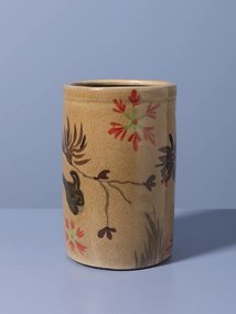Borcan din ceramică artizanală natur cu capac, motive florale și păsări pictate manual, maro și roșu, 22,5 × 13,5 cm, „Campana"