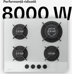 Klarstein Plită pe gaz Velaire, plită cu 4 arzătoare cu aprindere electrică, compatibilă cu gaz natural și GPL, 8000W, 60cm
