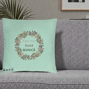 Cadou pentru Bunica - Perna Personalizata Cea Mai Buna Bunica Coronita Flori Roz, 40x40 cm, Verde Menta, Husa Detasabila, Perna Inclusa, BEKZ®