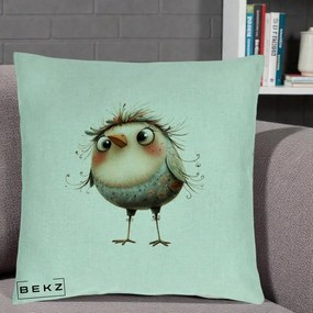 Perna Decorativa Pasare cu Penaj Zbarlit si Gene, 40x40 cm, Verde Menta, Husa Detasabila, Perna Inclusa, BEKZ®