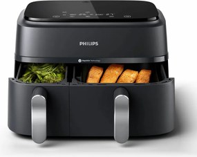 Friteuza dubla cu aer cald Philips NA351/00, 2750 W, 6+3 l, 80-200°C, 1,5 kg, 8 programe, Ecran tactil, Copiere si sincronizare, Negru/Argintiu