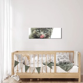 Tablou cu pisicuța lingându-se (cu ceas) (90x30 cm)
