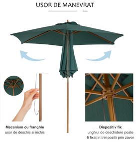 Outsunny Umbrelă din Lemn pentru Grădină, Rezistentă la UV, Ușor de Utilizat, Verde, Ø2.5m | Aosom Romania