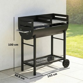 Outsunny Grătar pe cărbune cărucior cu 2 zone de gătit grilă reglabilă pe înălțime raft pentru lemne roți mâner lateral, 103 x 46,5 x 100cm | Aosom Romania