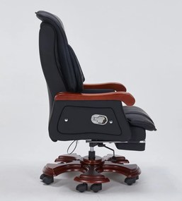 Scaun directorial din lemn masiv, cu suport pentru picioare, mecanism inclinare, inaltime reglabila, pivotant, PU Premium, rezistent 150 kg, Negru