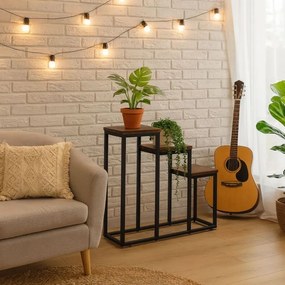 Suport pentru flori Loft - raft metalic cu 3 etaje cu rafturi din lemn