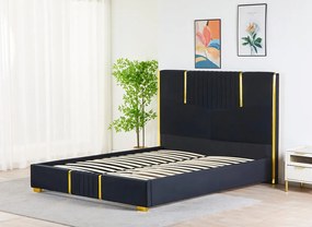 Pat Tapitat din Catifea Negru cu Somiera si Saltea ,   160x200 cm, Cod LB-215