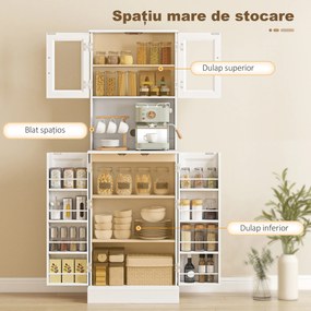 HOMCOM Bufet înalt de bucătărie 180 cm, 8 rafturi pentru condimente pe uși, uși din acril, raft reglabil, orificiu pentru cabluri, alb | Aosom Romania