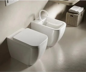 Set vas wc si bideu pe pardoseala Hatria Bianca Rimless BackToWall cu capac soft close
