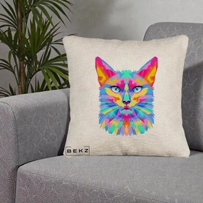 Perna Decorativa Pisica Pop Art Multicolor, 40x40 cm, Bej Canapea, Husa Detasabila, Perna Inclusa, BEKZ®