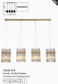 Lustra suspendata metal auriu, tije din sticla Swizzle 4L