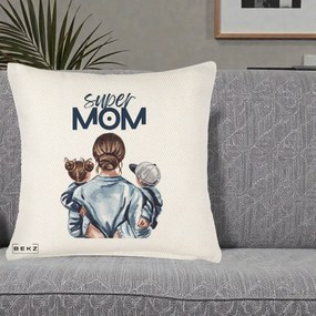 Cadou pentru Mama - Perna Personalizata Super Mom, 40x40 cm, Crem Reliefat, Husa Detasabila, Perna Inclusa, BEKZ®