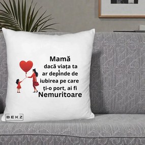 Cadou pentru Mama - Perna Personalizata Mama Nemuritoare cu Bebelus Kawaii, 40x40 cm, Alb Pufos, Husa Detasabila, Perna Inclusa, BEKZ®