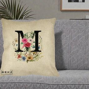 Cadou Personalizat - Perna Personalizata Monogram Litera M cu Flori Acuarela, 40x40 cm, Crem, Husa Detasabila, Perna Inclusa, BEKZ®