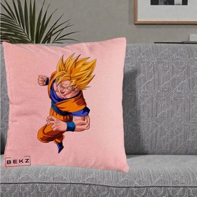 Perna Personalizata Dragon Ball Goku Super Saiyan 2 Lupta, 40x40 cm, Roz, Husa Detasabila, Perna Inclusa, BEKZ®