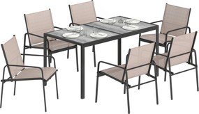 Outsunny Set masă și scaune pentru grădină cu masă cu efect lemn și 6 scaune cu șezut respirabil pentru terasă patio kaki | Aosom Romania