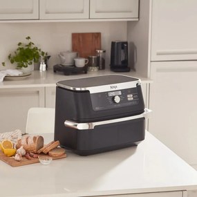 La mâna a doua: Friteuza dubla cu aer cald Ninja AF500EU, 10.4 L, 7 programe, Timer, Zone independente, Negru/Inox
