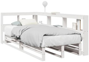 vidaXL Pat cu bibliotecă fără saltea, alb, 100x200 cm, lemn masiv pin