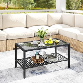 Outsunny Măsuță de Cafea din Ratan pe 2 Niveluri cu Raft, Blat din Sticlă Securizată, Măsuță de Exterior cu Cadru din Oțel, 92x50x45 cm, Negru | Aosom Romania