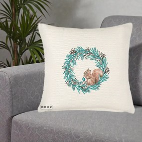 Perna Decorativa Coroana Turcoaz cu Veverita, 40x40 cm, Crem Reliefat, Husa Detasabila, Perna Inclusa, BEKZ®