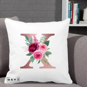 Cadou Personalizat - Perna Personalizata Monograma Rose Gold Litera X, 40x40 cm, Alba Mata, Husa Detasabila, Perna Inclusa, BEKZ®