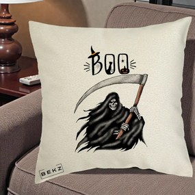 Perna Decorativa Halloween Boo Grim Reaper cu Coasa, 40x40 cm, Ecru, Husa Detasabila, Perna Inclusa, BEKZ®