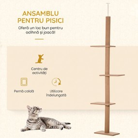 PawHut Coloană de Zgâriat Reglabilă pe 4 Nivele, Tapițată, 43x27x228-260cm, Gri | Aosom Romania